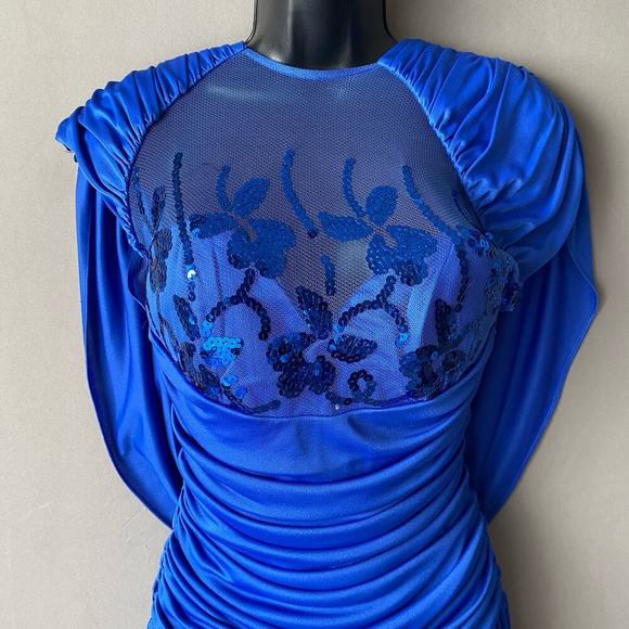 Climax by Karen Okada sz 8 Blue Sequin Sheer Midi Vintage Cocktail Dress - Picture 4 of 13